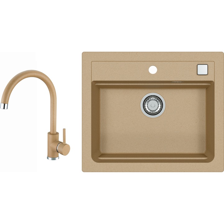 Комплект Кухненска Мивка Alveus Atrox 30, Композитен материал, Обръщаема, Сифон pop-up, 590x500x195 мм + Смесител Kati, Бежов