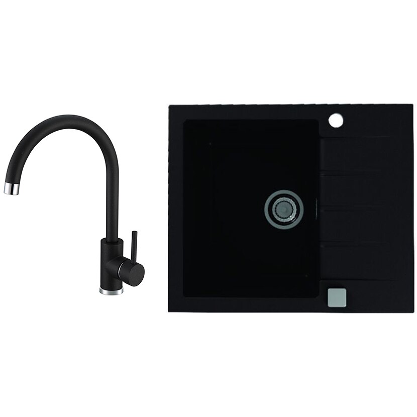 Pachet chiuveta Alveus Cadit 10, material compozit, reversibila, sifon pop-up inclus, 590x500x200mm + Baterie Kati, Negru