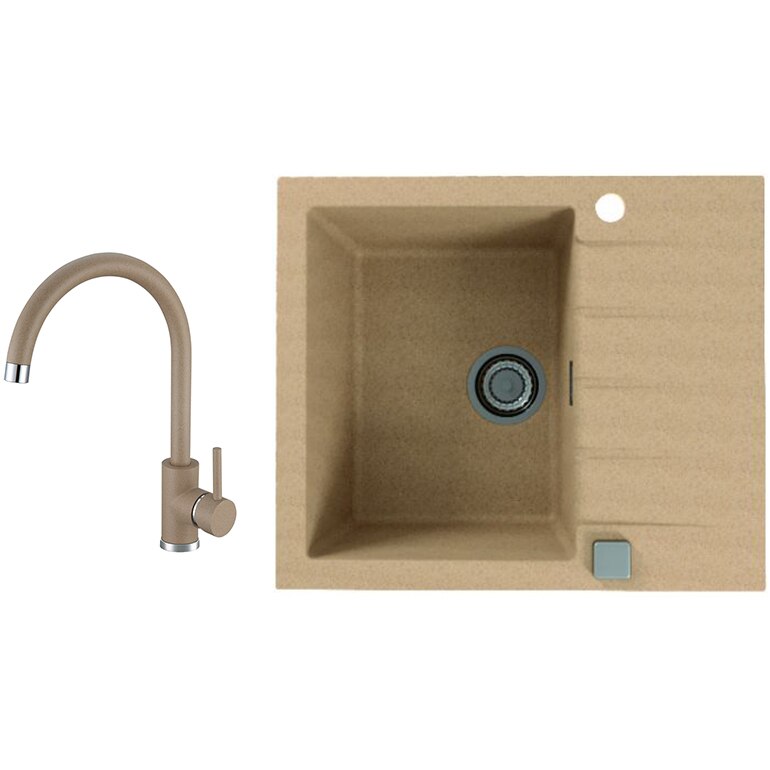 Pachet chiuveta Alveus Cadit 10, material compozit, reversibila, sifon pop-up inclus, 590x500x200mm + Baterie Kati, Bej