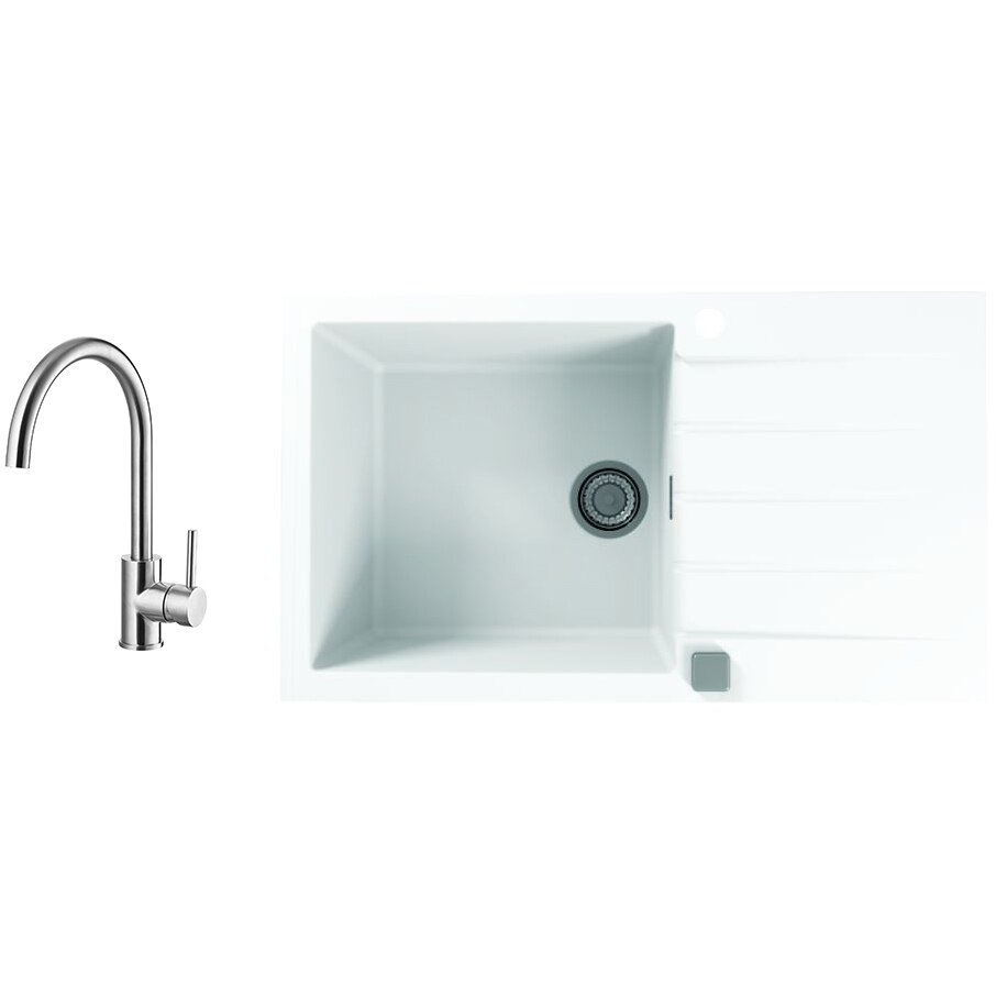 Pachet chiuveta Alveus Cadit 40, material compozit, reversibila, sifon pop-up inclus, 860x500x200mm + Baterie Tonia Brushed, Alb