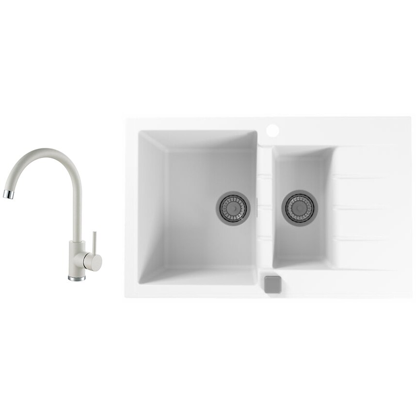 Pachet chiuveta Alveus Cadit 70, material compozit, reversibila, sifon pop-up inclus, 790x500x200mm + Baterie Kati, Alb