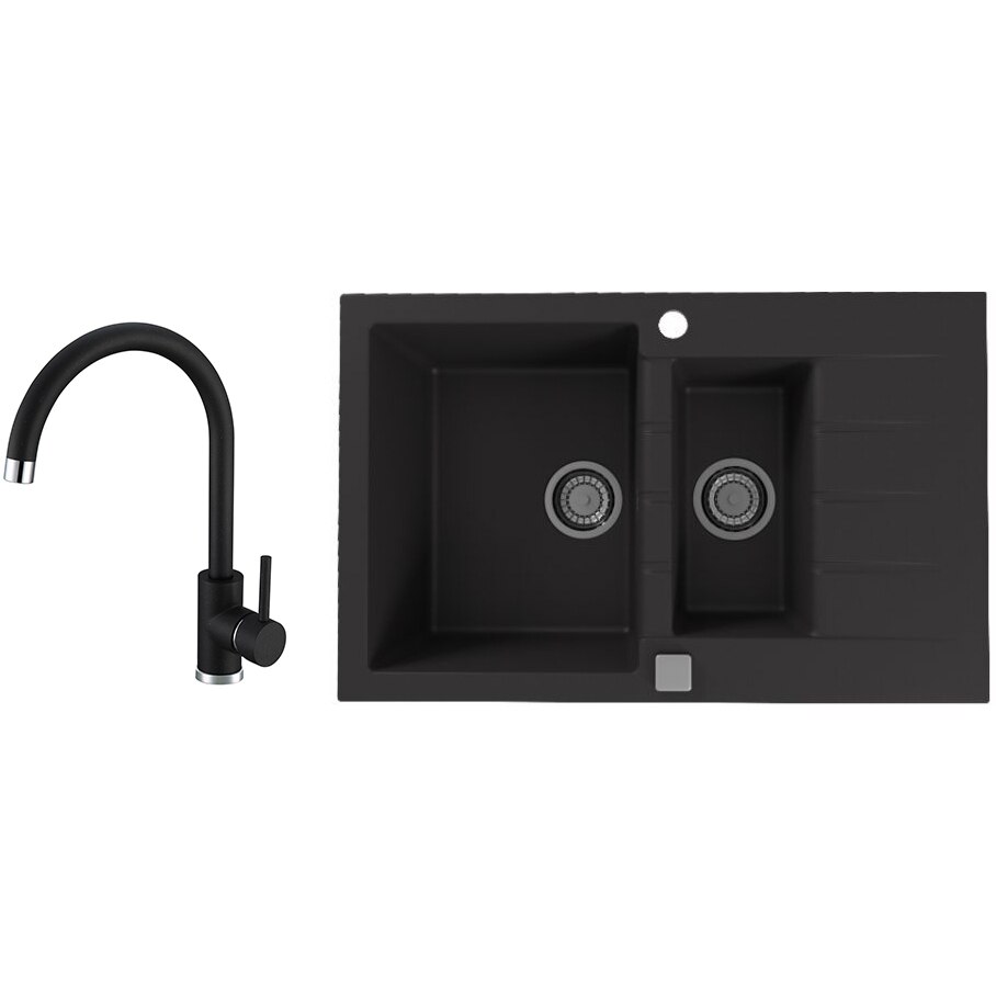 Pachet chiuveta Alveus Cadit 70, material compozit, reversibila, sifon pop-up inclus, 790x500x200mm + Baterie Kati, Negru