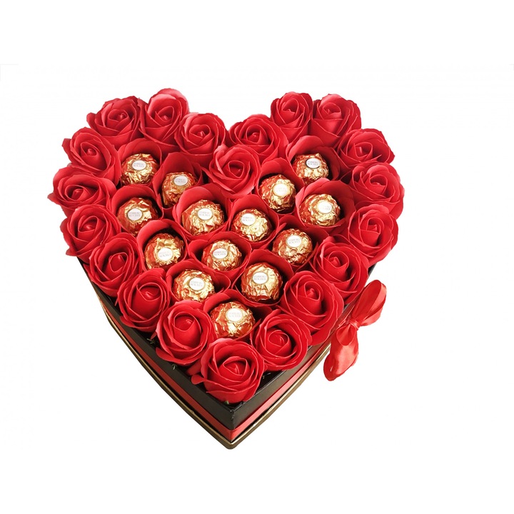 Aranjament Floral EVENTISSIMI - 14 praline Ferrero Rocher, cutie „inima”, Rosu/Negru
