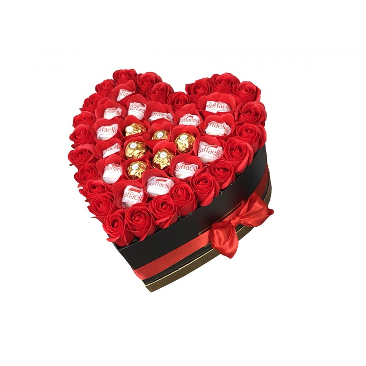 Aranjament Floral EVENTISSIMI - 20 de praline Ferrero Rocher & Rafaello, cutie „inima”, Rosu