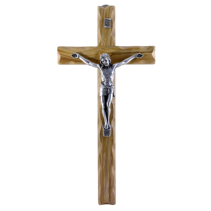 Cruce sculptata manual in lemn masiv de maslin cu corpul placat cu argint - Iisus rastignit pe cruce - 30x15 cm, 3/4