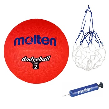 Minge dodgeaball Molten (ratele si vanatorii), rosie cu pompa si plasa Minge dodgeaball Molten (ratele si vanatorii), rosie cu pompa si plasa