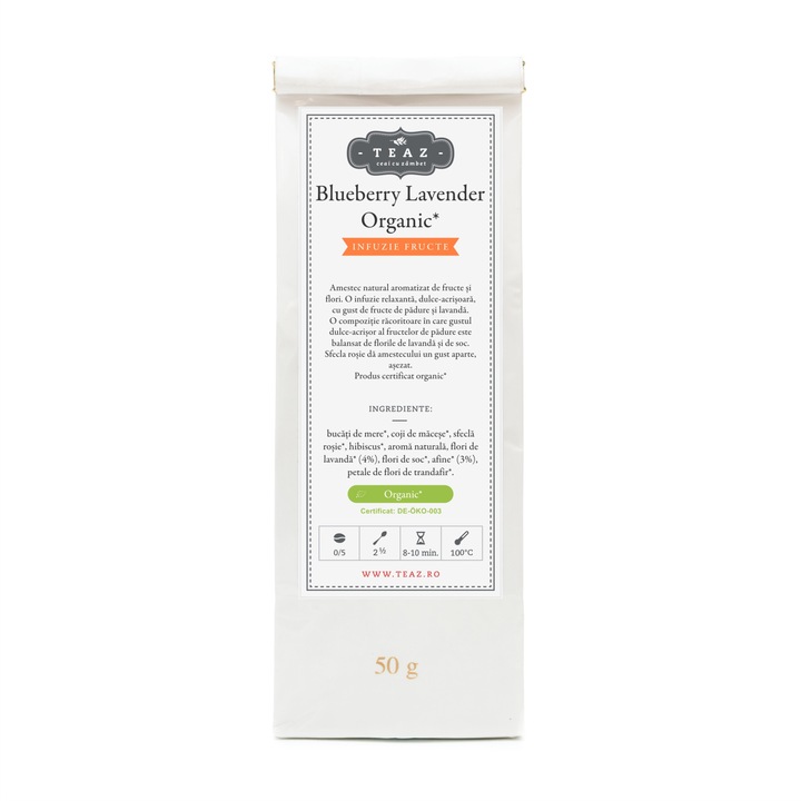 Ceai organic de fructe cu afine si lavanda Blueberry-Lavender Organic, Teaz, 50g