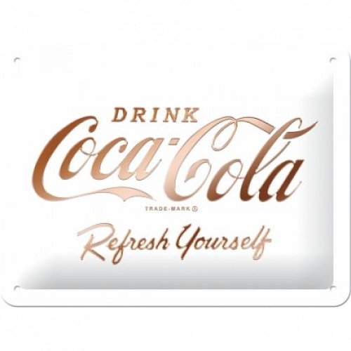 Placa metalica - Coca-Cola - Logo White Refresh Yourself - 15x20 cm