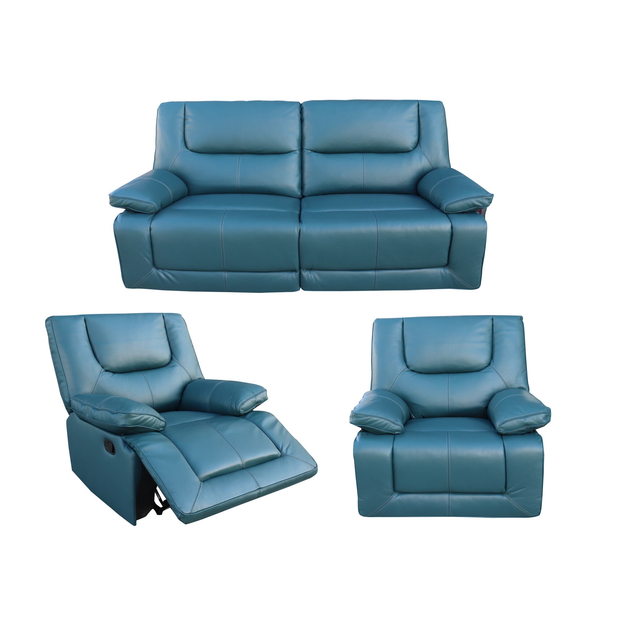 Set Orion Midnight Jade, Mobila Domnel, Canapea 3 locuri cu 2 relinere manuale si 2 fotolii cu recliner manual, Piele naturala