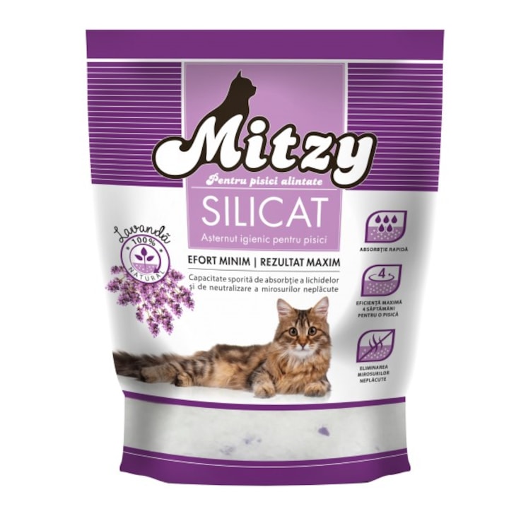 Nisip silicatic pentru pisici, Mitzy, Silicat, Lavanda, 3.8 L