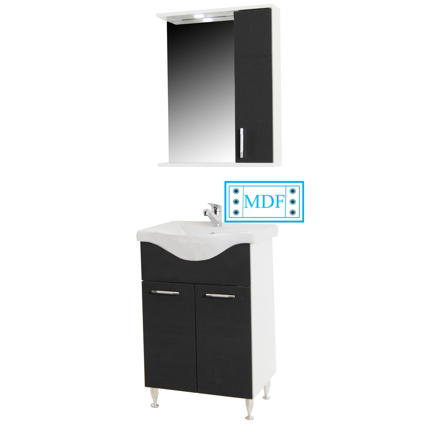 Set baza mobilier si lavoar ceramic+oglinda si dulap iluminare led, Badenmob, seria 153, 55x190x35cm, antracit