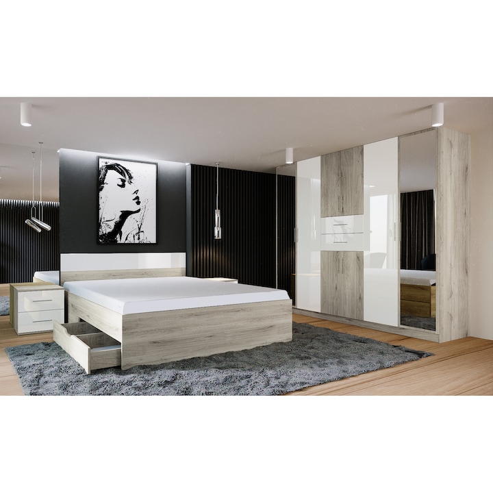 Комплект мебели за спалня Irim Marisa , Легло 160x200 см, Гардероб, 2 шкафчета, Крем/Бял