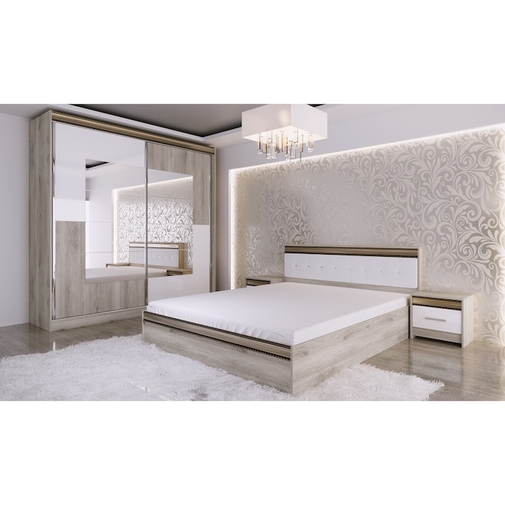 Комплект мебели за спалня Irim Marina, Легло 160x200 см, Гардероб, 2 шкафчета, Бежов/Бял