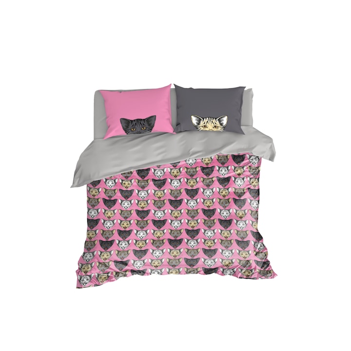 Дизайнерски спален комплект, памучен сатен, Colored Cats, 4 части, 200 x 215 см.