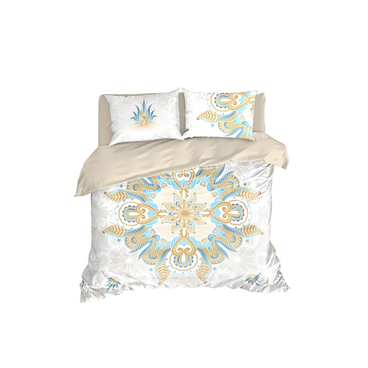 Луксозен спален комплект, памучен сатен, White Mandala, 4 части, 180 x 215 см.