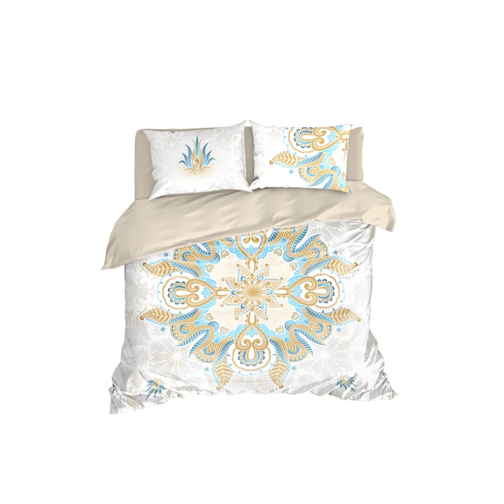 Луксозен спален комплект, памучен сатен, White Mandala, 4 части, 200 x 215 см.