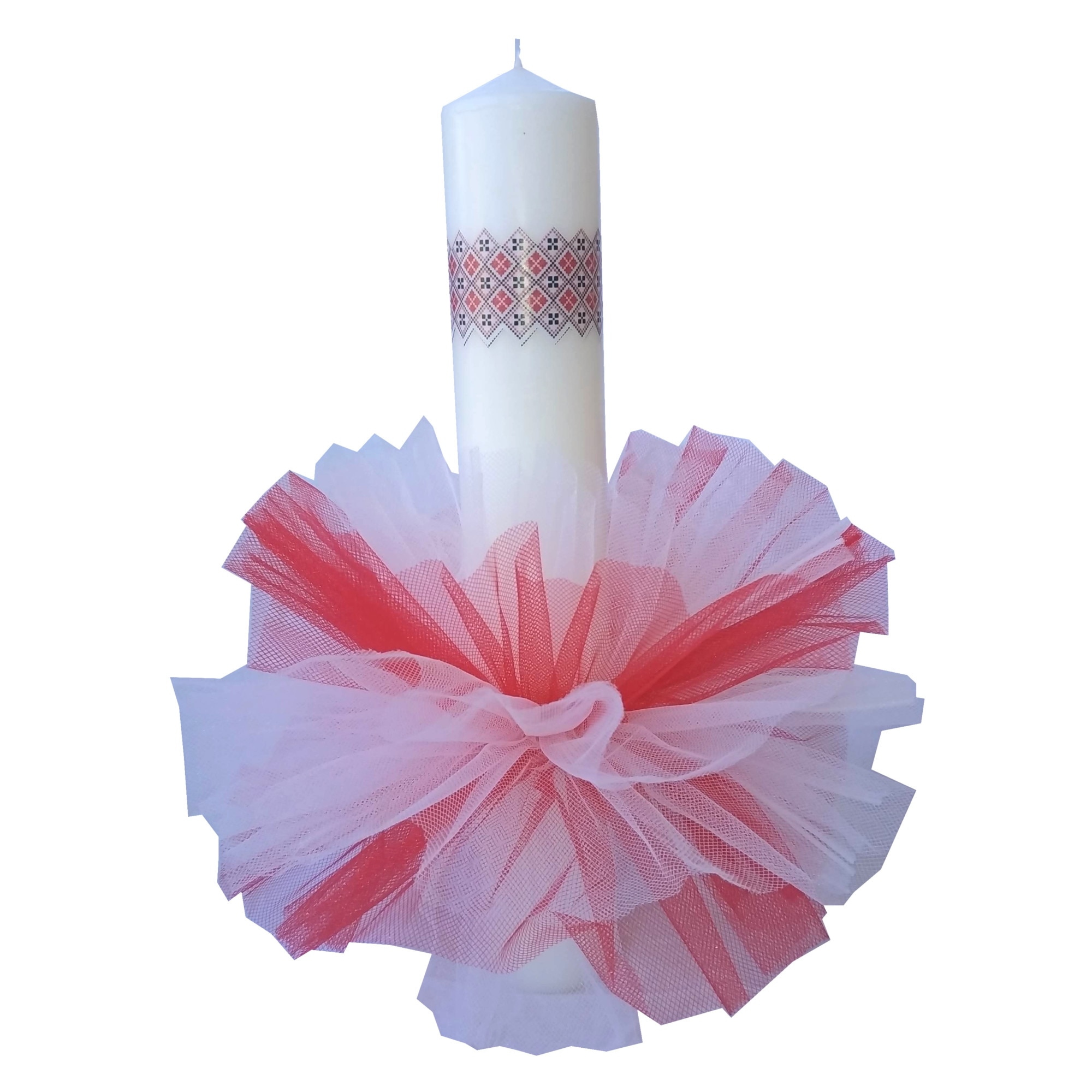 Lumanare ornata botez ,ClauM , motiv traditional rosu