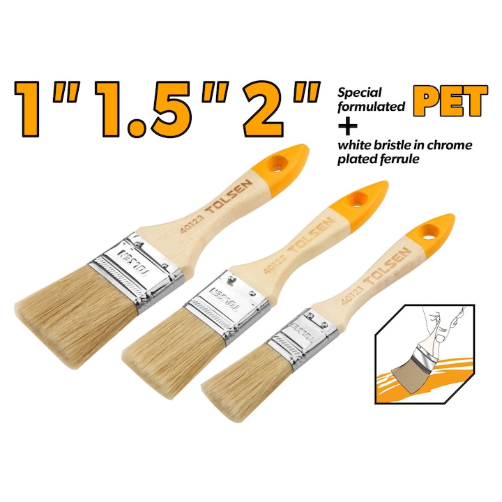 Set 3 pensule vopsit TOLSEN 1"/1.5"/2", peri PET si albi, feronerie cromata, maner din lemn, pentru zugraveli si aplicare precisa pe diverse suprafete
