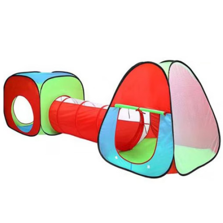 Loc de joaca 3 in 1SOLTOY® Baby ideal pentru copii cu 100 de bile multicolore, material textil lavabil, format din doua corturi si tunel intermediar, 240 cm x 74 cm x 84 cm