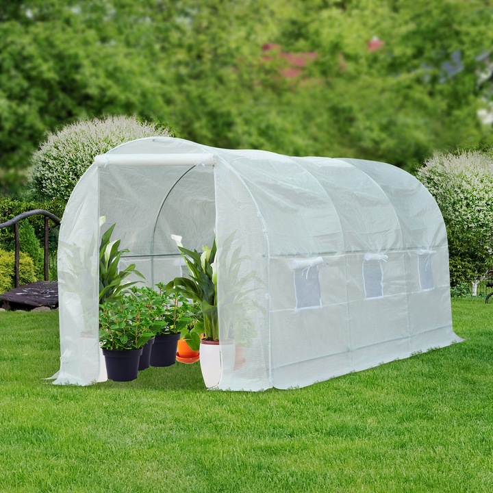 Kerti üvegházalagút, vascsövekkel, fehér, 450x200x200cm