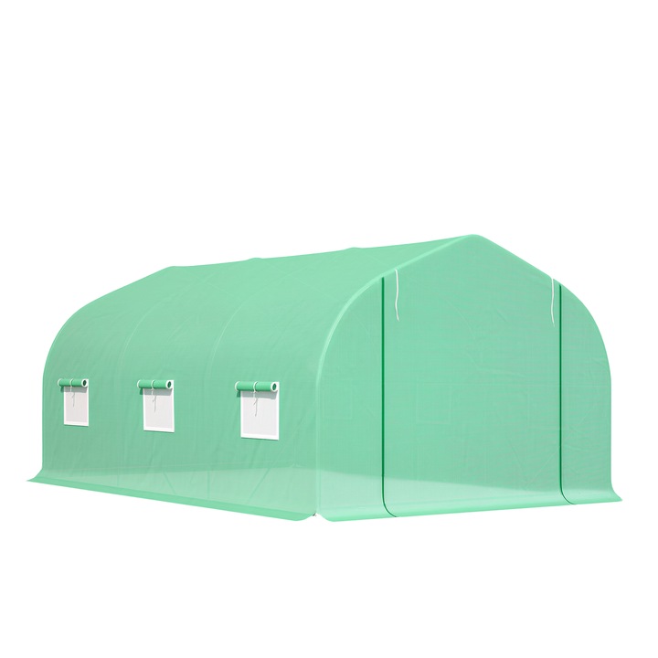 Sera pentru Gradina cu 6 Ferestre, Outsunny, Usa Rulanta si Acoperis Invelit PE, 4,5x3x2.05 m, Verde Inchis