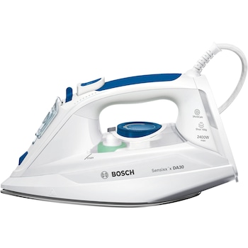 Fier de calcat Bosch Sensixx'x DA30 TDA302401W, 2400 W, 0.32 l, talpa ceramica, Alb/Albastru Fier de calcat Bosch Sensixx'x DA30 TDA302401W, 2400 W, 0.32 l, talpa ceramica, Alb/Albastru