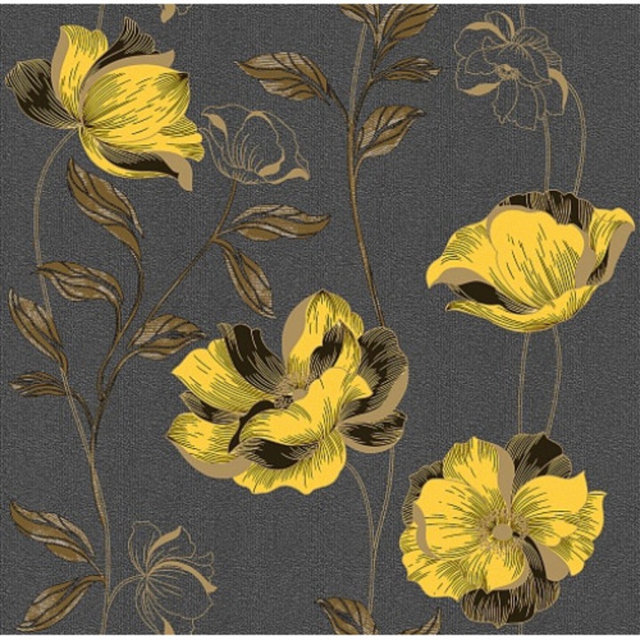 Tapet floral galben pentru dormitor, semilavabil, protectie ecologica ridicata, 5.33m2/rola - MallDeco 1276