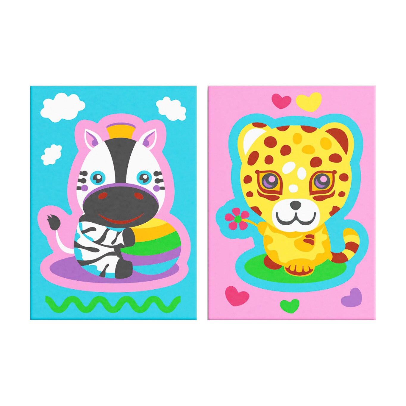 Pictura pe numere - Zebra si leopard roz si albastru, set 2 piese - 33 x 23 cm