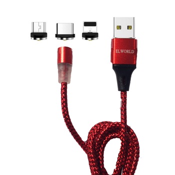Cablu de incarcare magnetic, 3 in 1 USB-C, Micro-USB, Lightning, conectori metalici din aluminiu, invelis protector din nailon, 5V, 2A, 120 cm, Led, rosu Cablu de incarcare magnetic, 3 in 1 USB-C, Micro-USB, Lightning, conectori metalici din aluminiu, invelis protector din nailon, 5V, 2A, 120 cm, Led, rosu