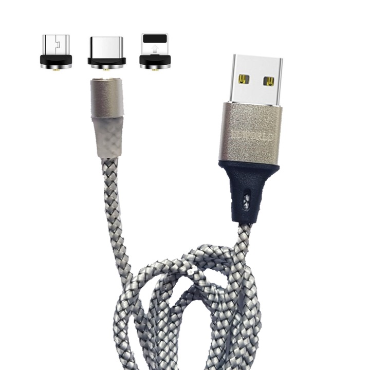 Elworld mágneses töltőkábel 3 az 1-ben, USB-C, Micro-USB, Lightning, alumínium fém csatlakozók, nejlon védőburkolat, 5 V, 2 A, 120 cm, Led, Ezüst