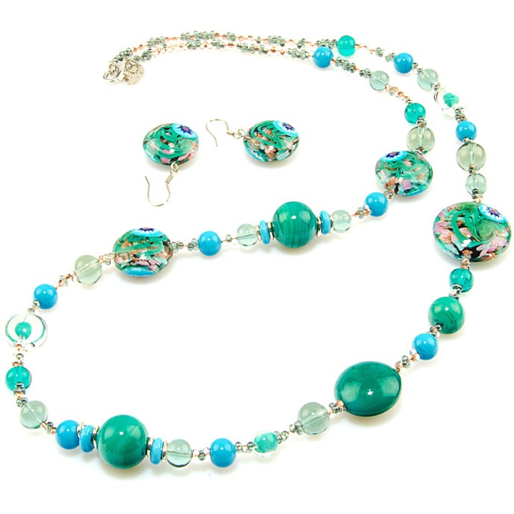 Set Elena din sticla de Murano, colier si cercei, verde, Millefiori
