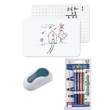 Set 1 Tabla alba fara rama A4 Bi-Silque, 4 Markere whiteboard Carioca, burete Set 1 Tabla alba fara rama A4 Bi-Silque, 4 Markere whiteboard Carioca, burete