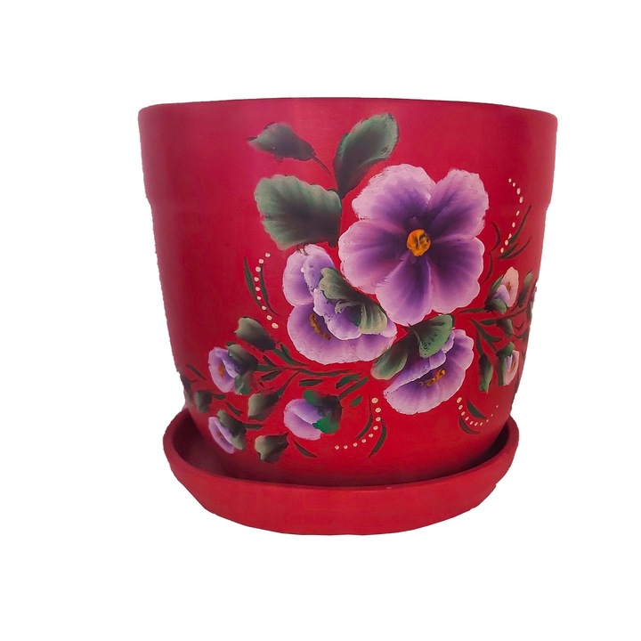 OEM kerámia virágcserép tányérral és kifolyónyílással, 15 x 17 cm, kézzel festett, piros