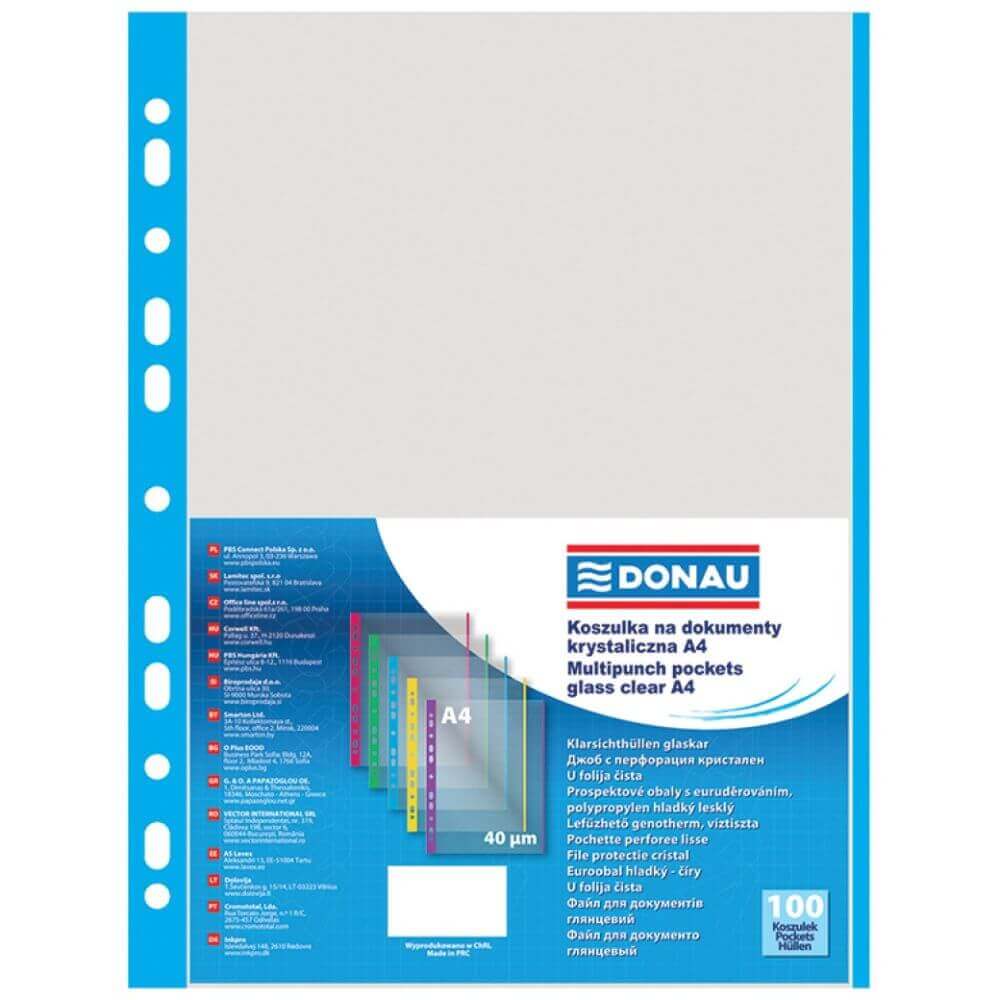 Set 100 Folii de Protectie A4 Verticale Tip Coaja Portocala Donau, Margine Albastra, 40 Mic, Folie pentru Documente