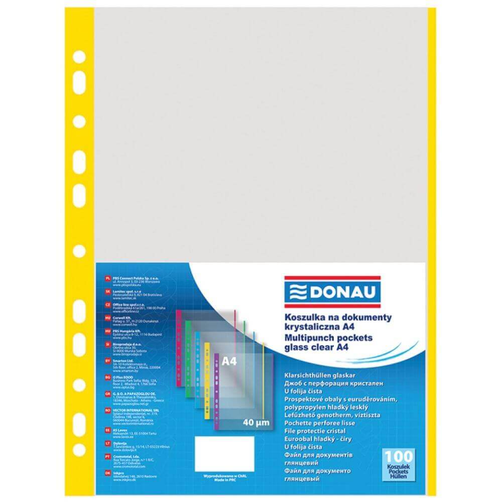 Set 100 Folii de Protectie A4 Verticale Tip Coaja Portocala Donau, Margine Galbena, 40 Mic, Folie pentru Documente