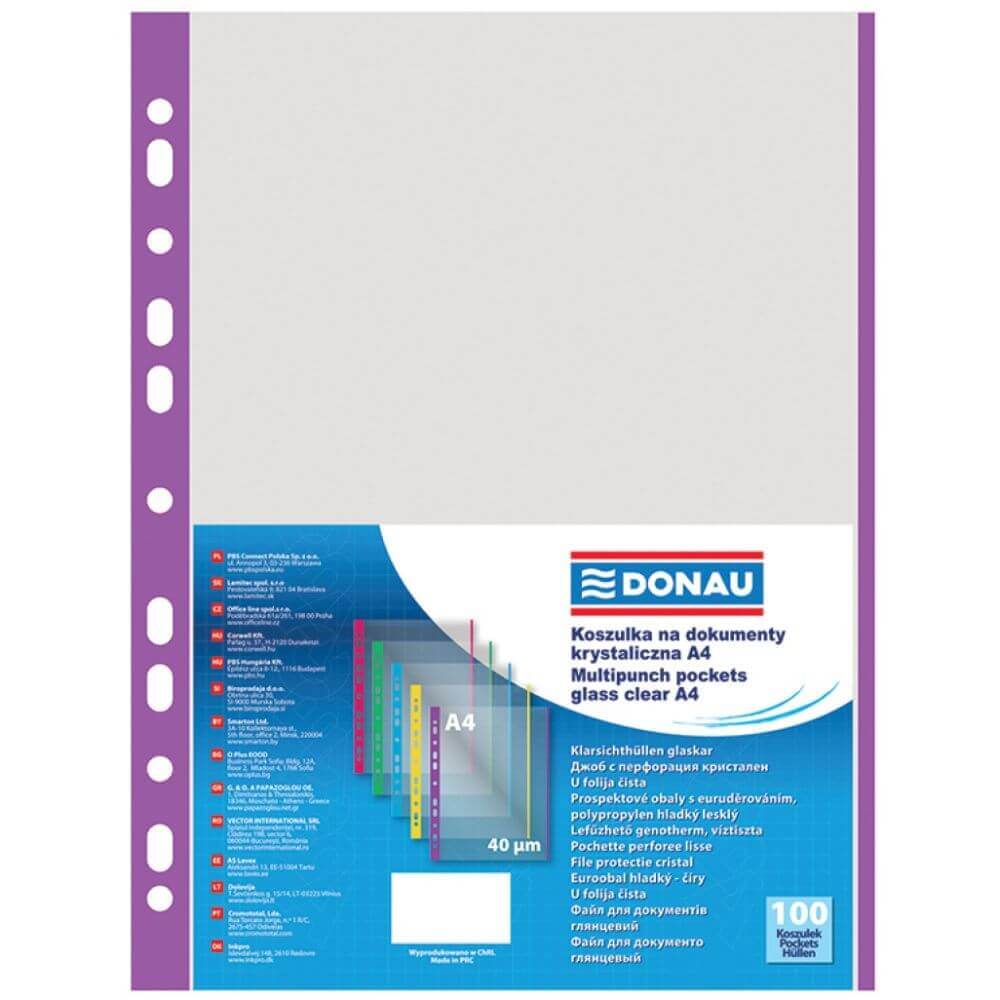 Set 100 Folii de Protectie A4 Verticale Tip Coaja Portocala Donau, Margine Mov, 40 Mic, Folie pentru Documente