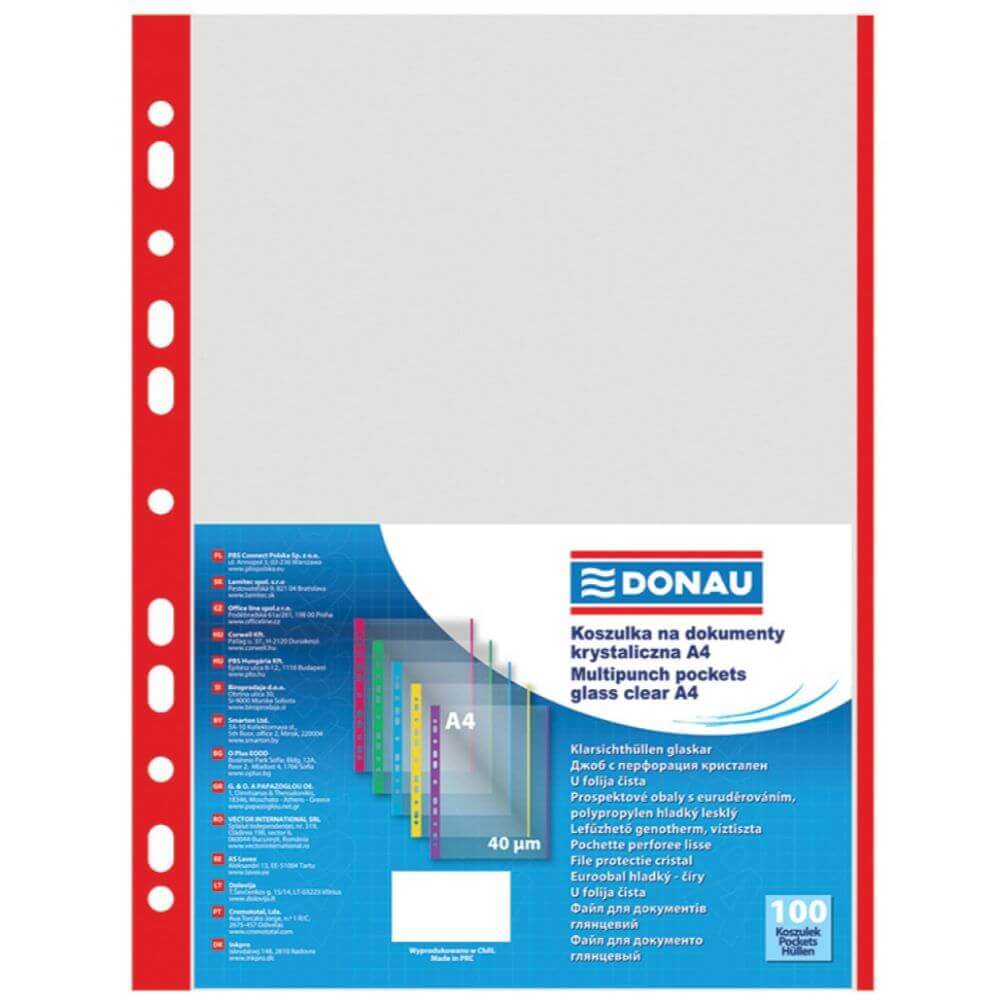 Set 100 Folii de Protectie A4 Verticale Tip Coaja Portocala Donau, Margine Rosie, 40 Mic, Folie pentru Documente