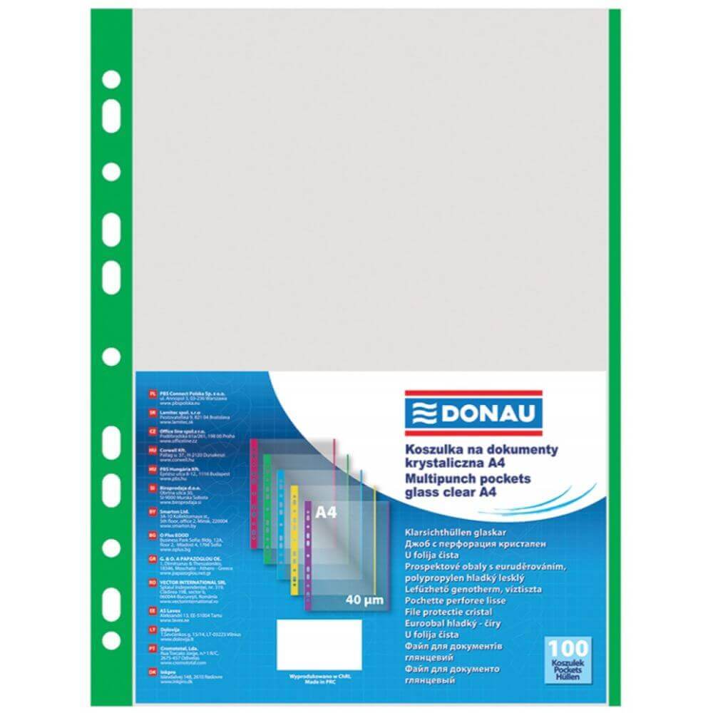 Set 100 Folii de Protectie A4 Verticale Tip Coaja Portocala Donau, Margine Verde, 40 Mic, Folie pentru Documente