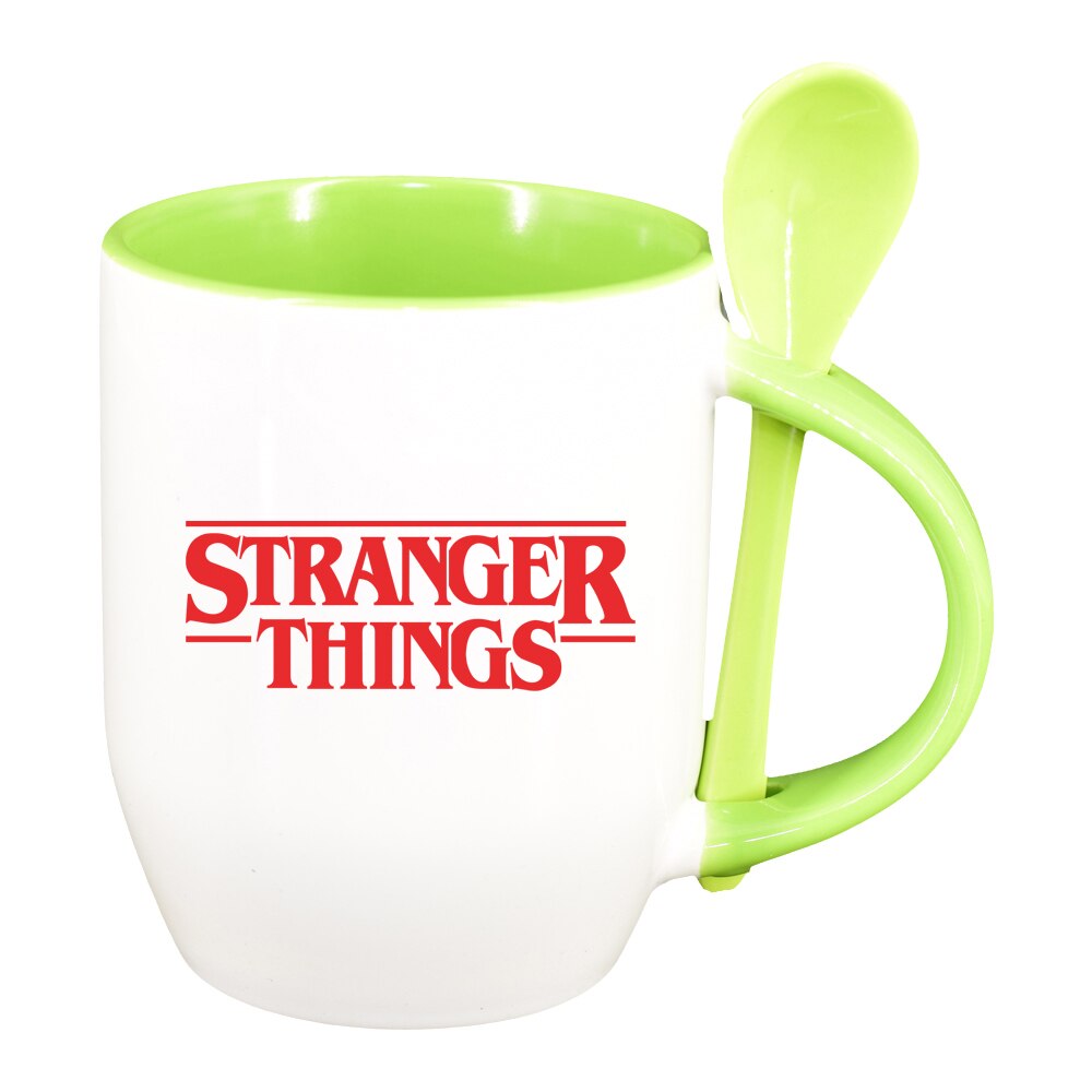 Cana Stranger Things cu lingurita, interior verde deschis, 330ml, D1295