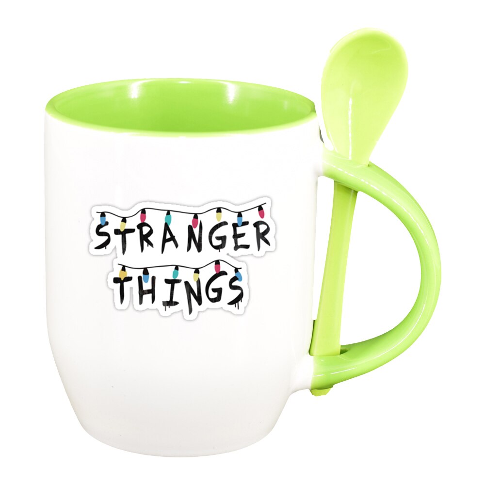 Cana Stranger Things cu lingurita, interior verde deschis, 330ml, D1297