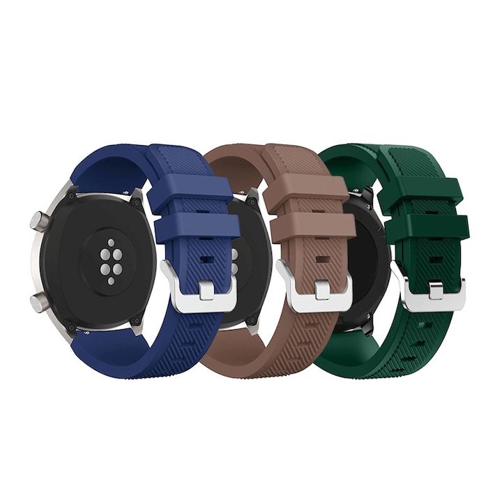 Set 3 curele din silicon universale 22mm compatibile cu Samsung Gear S2 / S3/ Huawei Watch 2, verde,albastru,maro