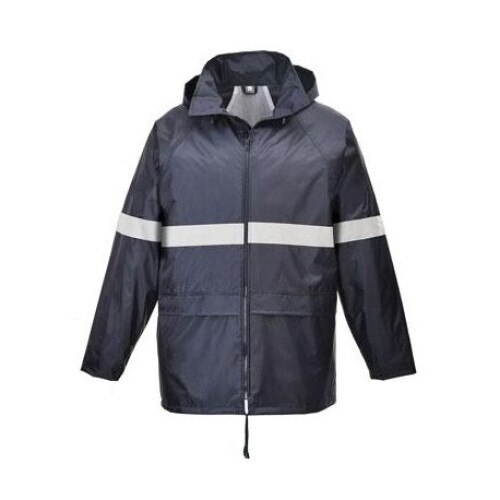Costum de ploaie, pantalon si jacheta, navy, benzi reflectorizante, gluga reglabila, buzunare, fermoar, marimea M