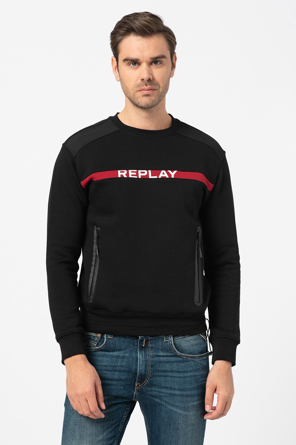 Replay, Bluza sport cu imprimeu logo si buzunare laterale cu fermoar, Negru/rosu inchis, S