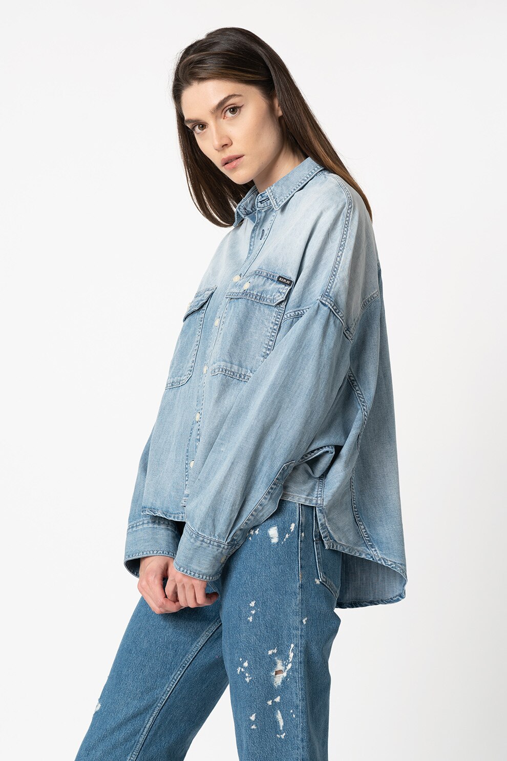 Replay, Camasa asimetrica din denim, Albastru deschis, S