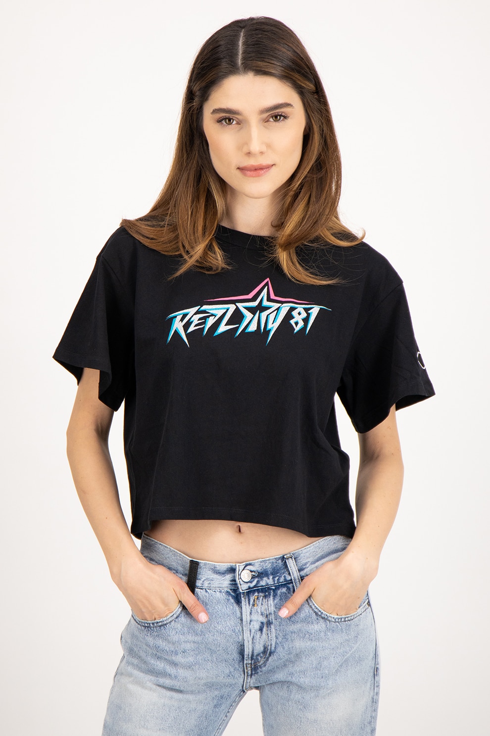 Replay, Tricou crop cu maneci cazute si insertie de plasa, Negru/Argintiu/Turcoaz