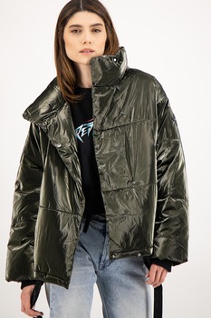 Replay, Geaca bufanta cu aspect stralucitor, Verde, XS Replay, Geaca bufanta cu aspect stralucitor, Verde, XS