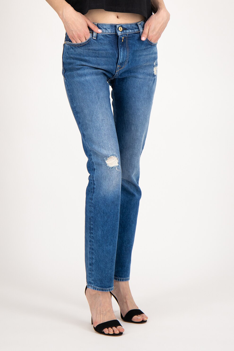 Replay, Blugi drepti cu aspect decolorat, Albastru inchis, W25-L30