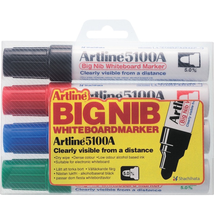 Маркер за дъска Artline 5100A, 4 бр/ комплект, NARV (черно, синьо, червено, зелено)