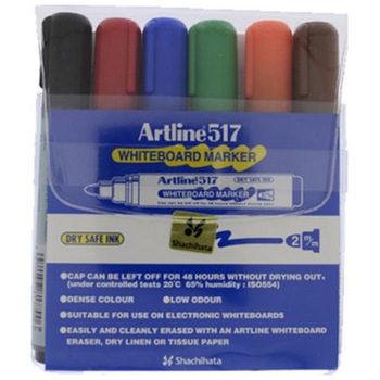 Set de 6 markere pentru tabla de scris Artline 517, Dry safe Ink, NARVMO(negru, albastru, roșu, verde, maro, orange) Set de 6 markere pentru tabla de scris Artline 517, Dry safe Ink, NARVMO(negru, albastru, roșu, verde, maro, orange)