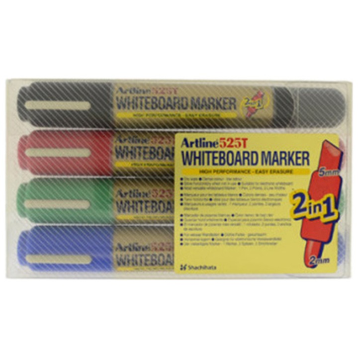 Маркер за дъска Artline 525T, 4 бр/ комплект, NARV (черно, синьо, червено, зелено)
